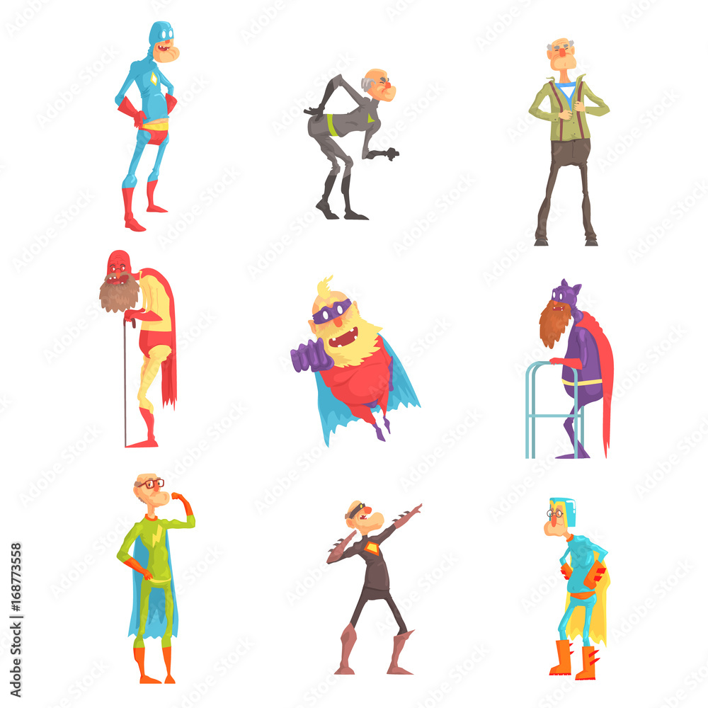 Funny elderly superman cartoon characters in action set of vector Illustrations