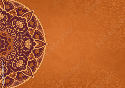 Horizontal brown background with oriental round pattern and texture of old paper. Vector illustration.