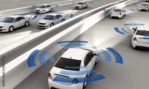 Autonomous cars on a road with visible connection 3d Rendering