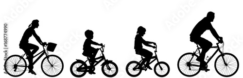 Happy family riding bicycle together, vector silhouette. Little boy and girl riding bicycle with parents. Mother and father with kids outdoor enjoying in bike driving.  photo
