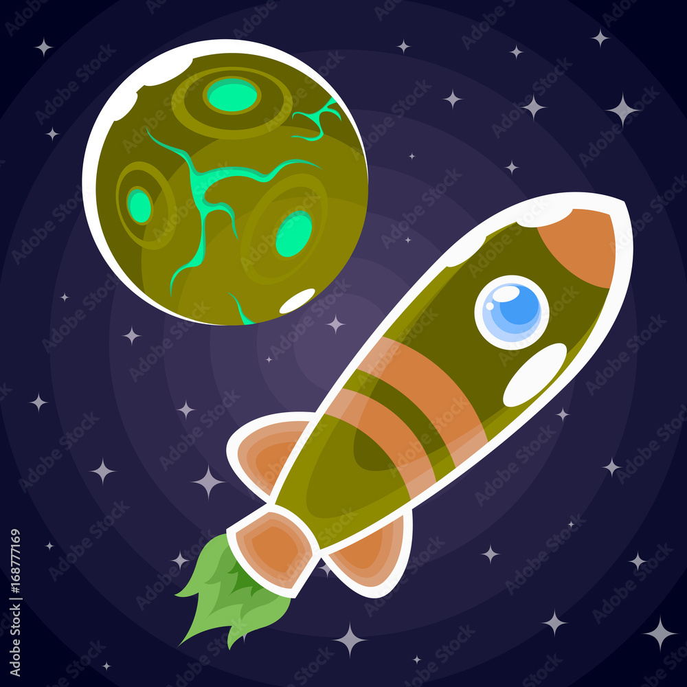Naklejka premium A green rocket sticker with brown stripes and a blue porthole that flies past the green planet