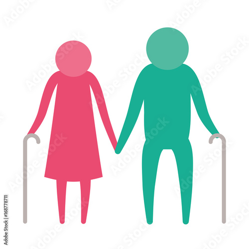color silhouette pictogram elderly couple with walking sticks