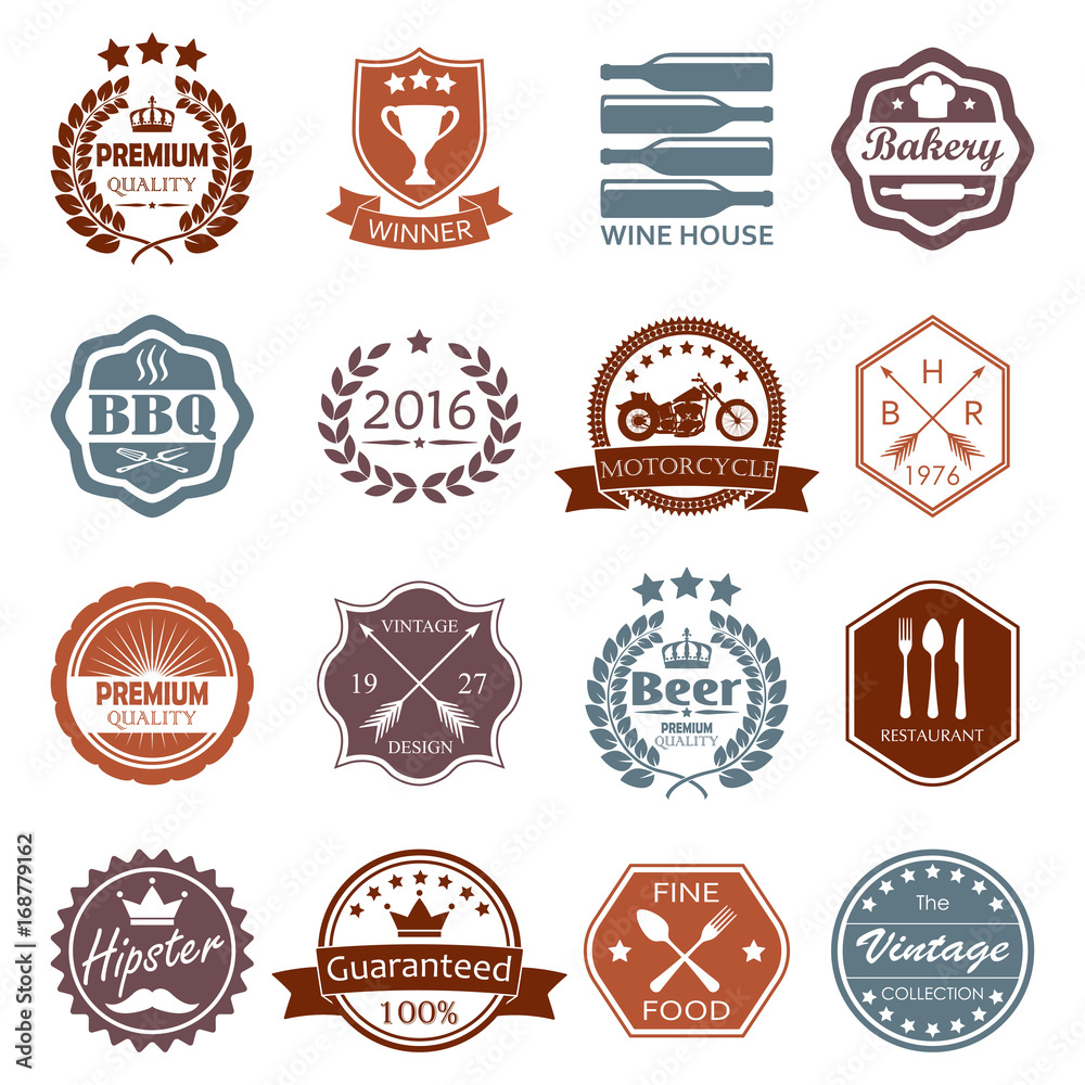 Labels and badges set. Vintage design elements and retro style banners, shields, emblems. Vector illustration.