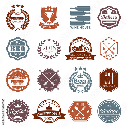 Labels and badges set. Vintage design elements and retro style banners, shields, emblems. Vector illustration.