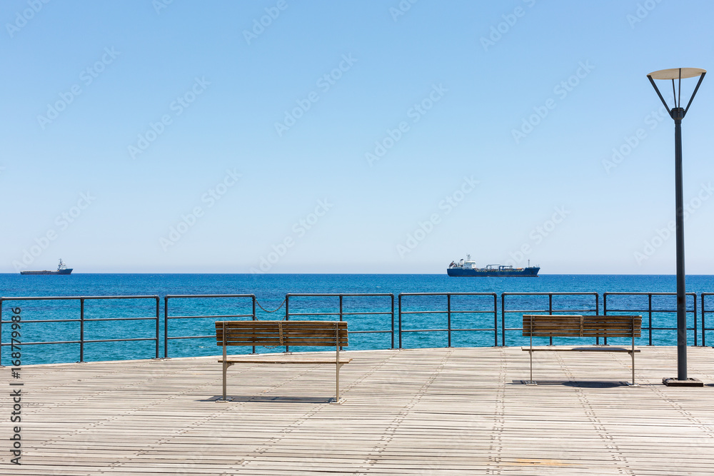 Wooden pier on the Limassol's seafront promenade. Cyprus