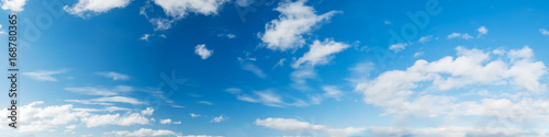 Vibrant color panoramic sky with cloud on a sunny day. Beautiful cirrus cloud. Panorama high resolution photograph.