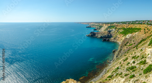 Fiolent Cape Crimea Black Sea. Blue azure seaside with corals sand and stones © Boris