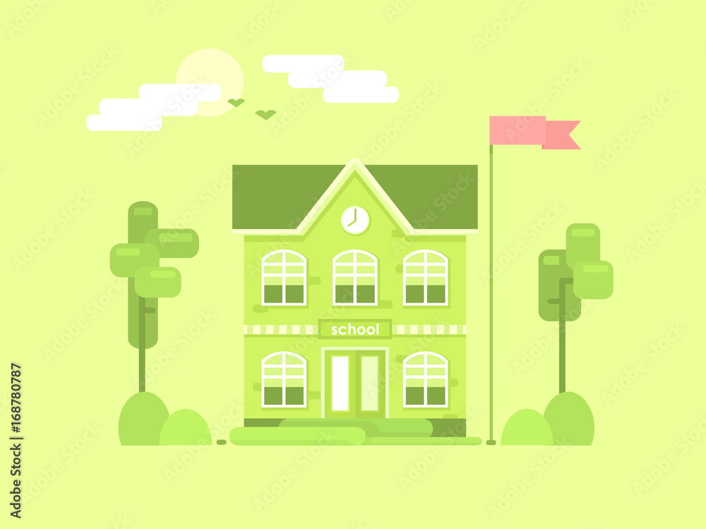 Flat composition of the school. It's time for spring. Green plants, trees. Flying birds from the warm regions. A positive, easy landscape. Vector illustration.