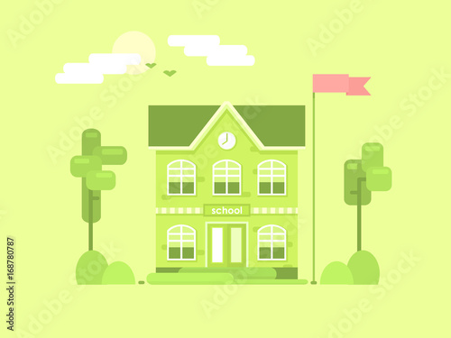 Fototapeta Naklejka Na Ścianę i Meble -  Flat composition of the school. It's time for spring. Green plants, trees. Flying birds from the warm regions. A positive, easy landscape. Vector illustration.