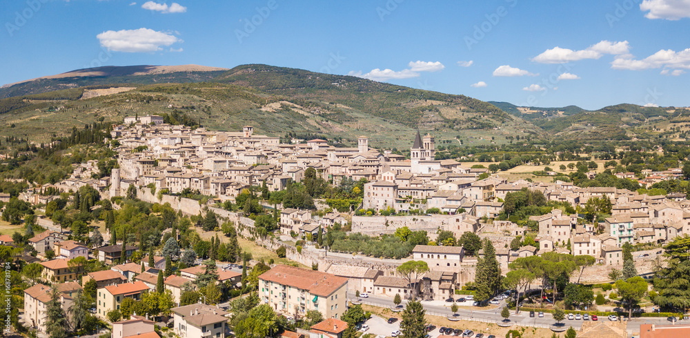 Spello, one of the most beautiful small town in Italy. Drone aerial view of the village