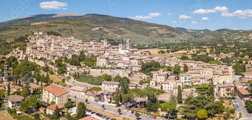 Spello, one of the most beautiful small town in Italy. Drone aerial view of the village
