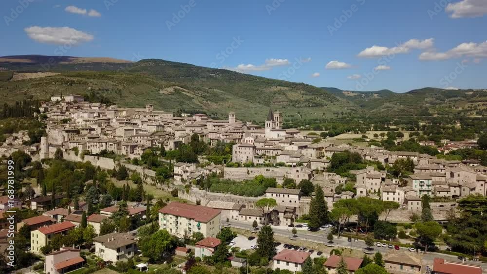 Spello, one of the most beautiful small town in Italy. Drone aerial view of the village Spello, one of the most beautiful small town in Italy. Drone aerial view of the village