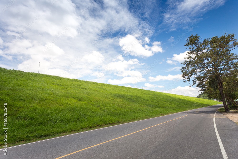 Road with green grass field under white clouds and blue sky.