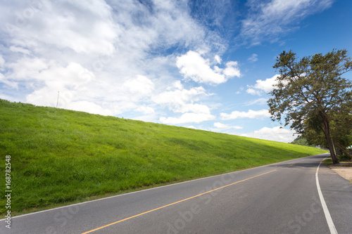 Road with green grass field under white clouds and blue sky.