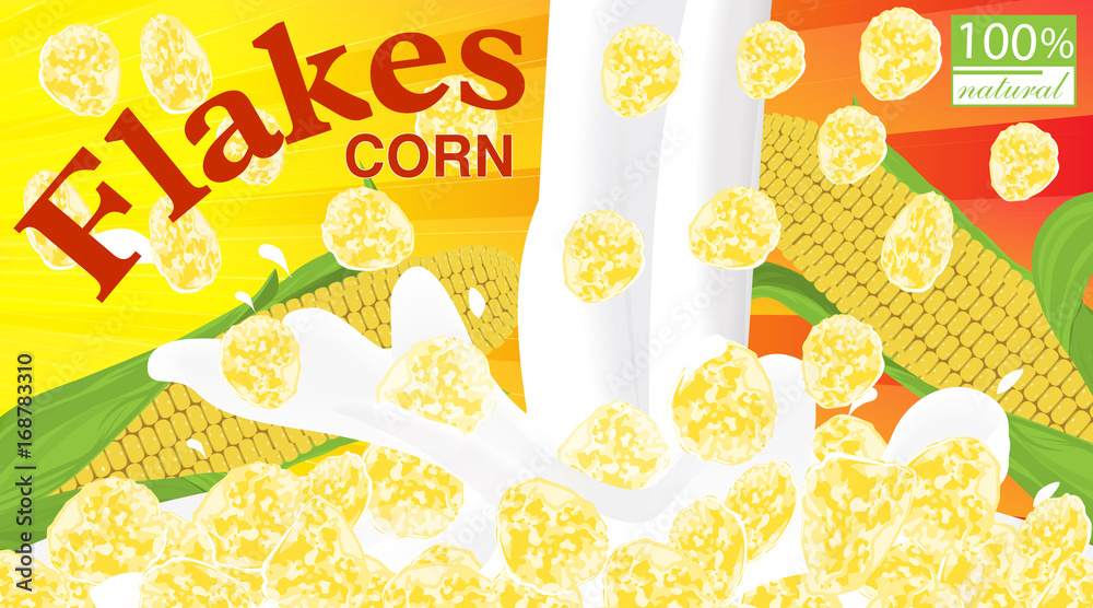 Corn flakes. Design for box. Milk pouring. Label for cereal package. Vector