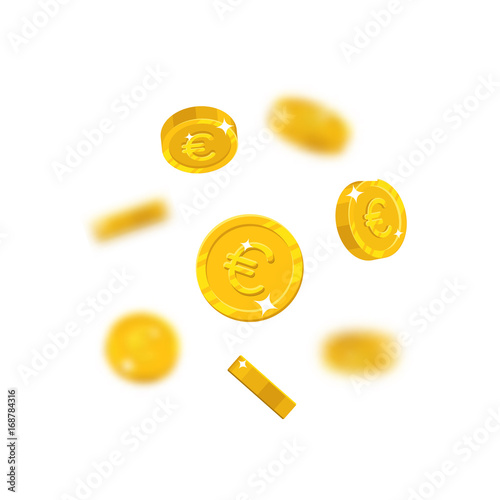 Gold euro flying cartoon isolated. Gold euro with the effect flying in the air in a cartoon style for designers and illustrators. Floating pieces in the form of vector illustrations photo