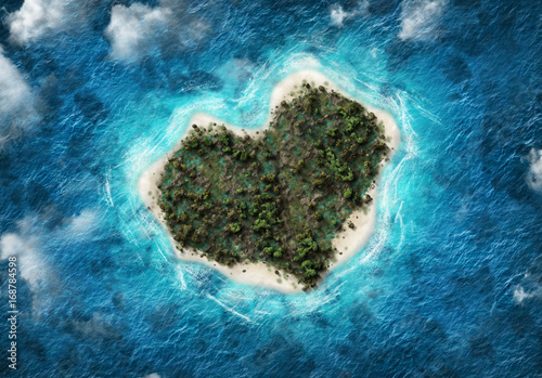 Aerial view of heart-shaped island with blue sea