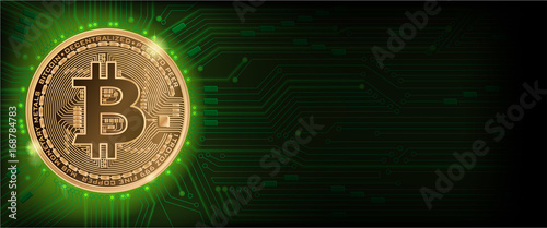 Horizontal background  with golden bitcoin, microchip and place for your text. Stock vector illustration.