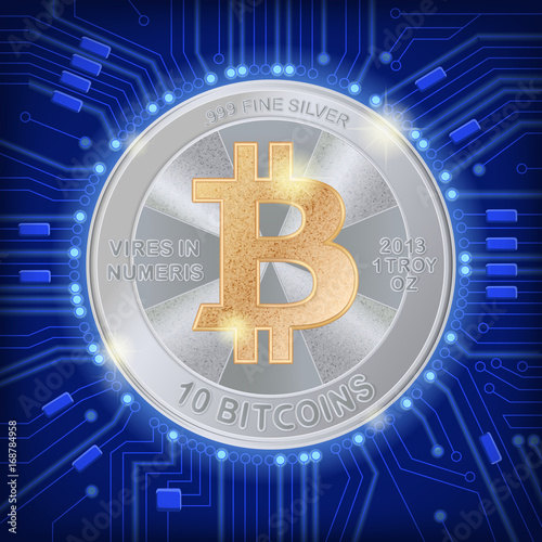 Square background  with silver  bitcoin and microchip. Stock vector illustration.