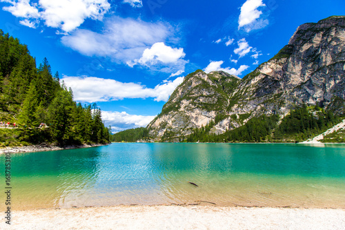 Braies lake   Lago di Braies  in the Dolomites  Italy