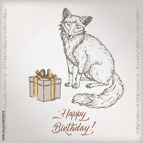 Romantic vintage birthday card template with calligraphy, fox and gift box sketch. photo