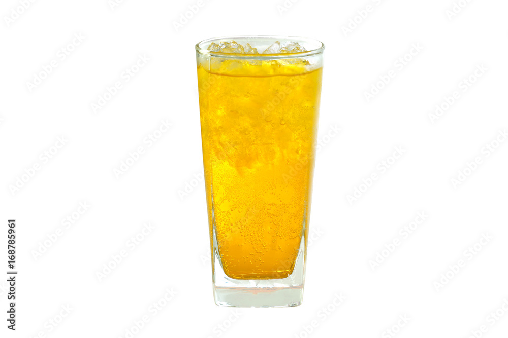 Refreshing orange soda soft drinks with ice in a clear tall glass isolated on white background Refreshing orange soda soft drinks with ice in a clear tall glass isolated on white background