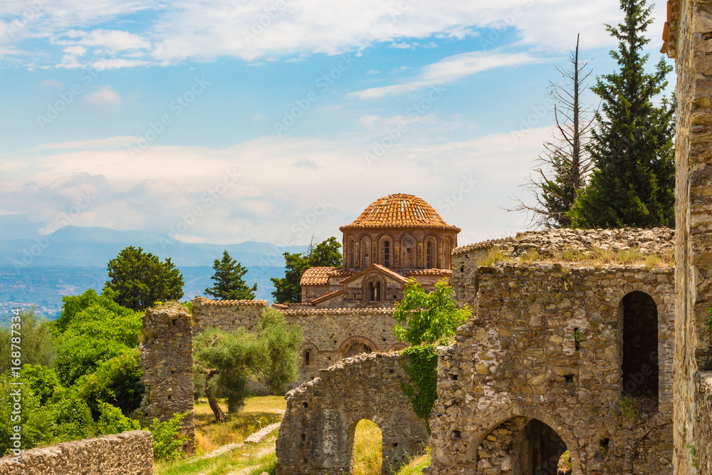 The church of Agioi Theodoroi (1290 A.D.) in old byzantine medieval town Mystras, Peloponesse, Greece