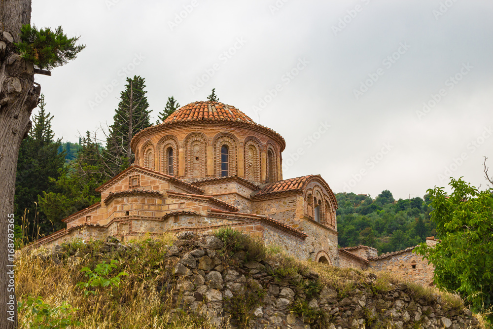 The church of Agioi Theodoroi (1290 A.D.) in old byzantine medieval town Mystras, Peloponesse, Greece
