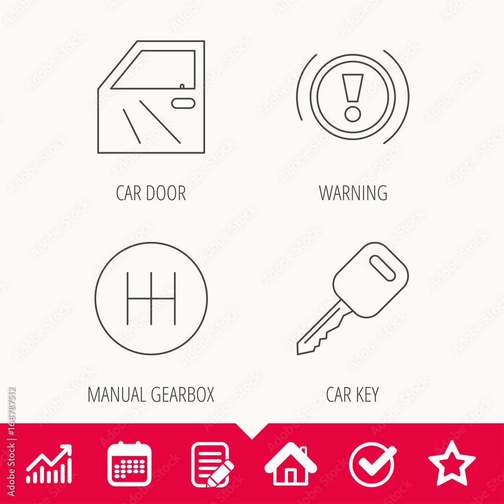 Car key, warning and manual gearbox icons.