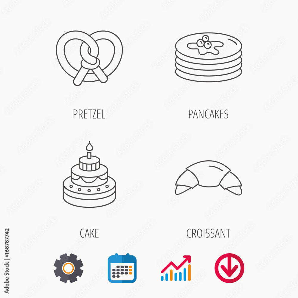 Croissant, pretzel and pancakes icons. Croissant, pretzel and pancakes icons.