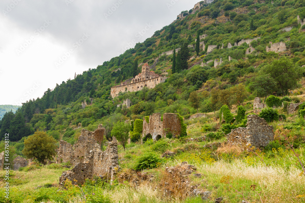 View of Pantanassa Monastery in old byzantine medieval town Mystras, Peloponesse, Greece