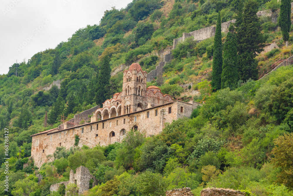 View of Pantanassa Monastery in old byzantine medieval town Mystras, Peloponesse, Greece