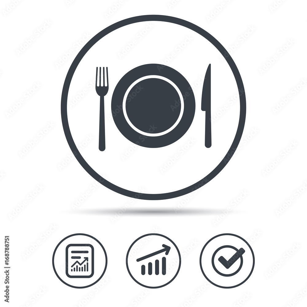 Dish, fork and knife icons. Cutlery sign. Dish, fork and knife icons. Cutlery sign.