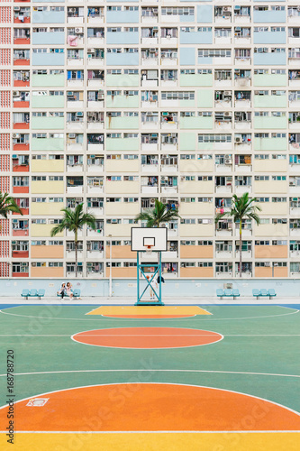 Colorful Pastel Basketball Court with windows Background.