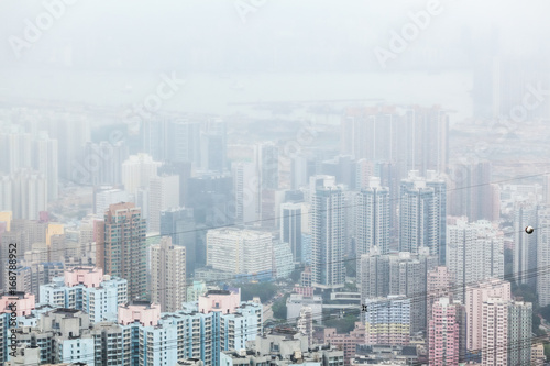 Hong Kong Cityscape Crowded estate in misty gloomy rain day.