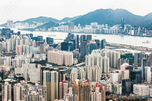 Hong Kong Cityscape Crowded estate in misty gloomy rain day. photo