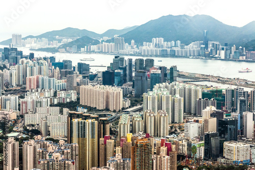 Hong Kong Cityscape Crowded estate in misty gloomy rain day. photo