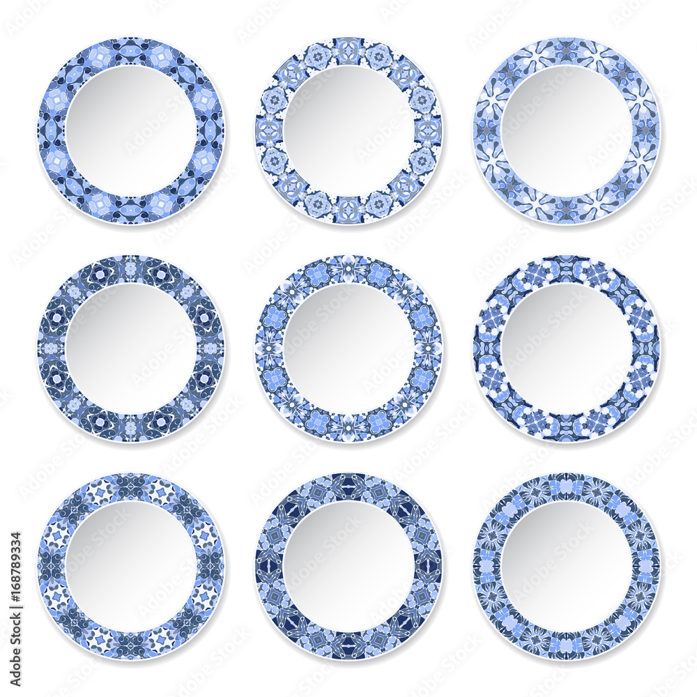 Set of nine decorative plates with a circular blue pattern, top view. White background. Vector illustration.