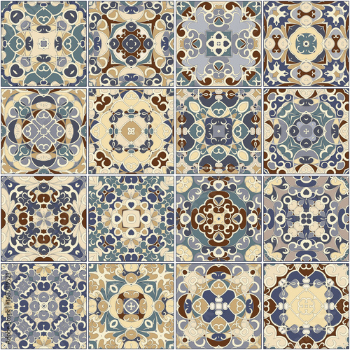 A collection of ceramic tiles in blue and beige retro colors. A set of square patterns in ethnic style. Vector illustration.
