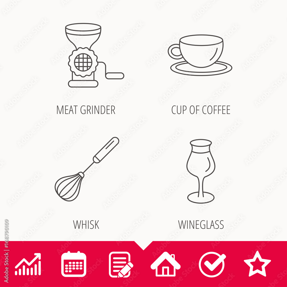 Coffee cup, whisk and wineglass icons. Coffee cup, whisk and wineglass icons.