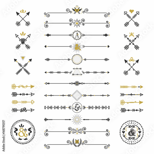 Black and golden hand drawn arrows and dividers icons set on white background