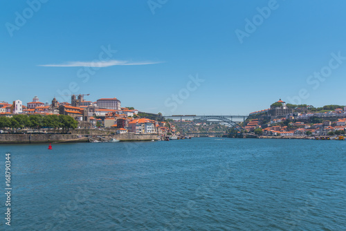 Porto  Portugal  panorama of Dom Luis bridge  the river Douro and tiles roofs  
