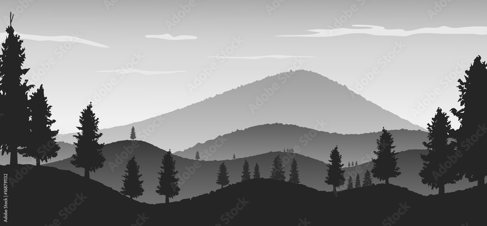 Nature landscape background with silhouettes of mountains and trees - obrazy, fototapety, plakaty 