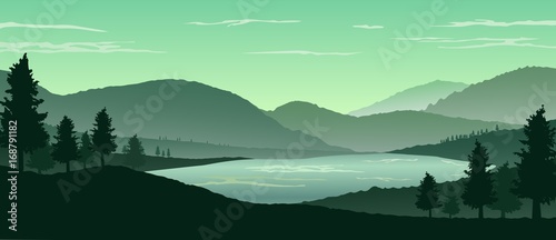 Nature landscape background with silhouettes of mountains and trees