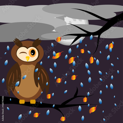 A brown owl screwed up his eyes while sitting on the branches of a tree with flying leaves, against the backdrop of an autumnal landscape, the sky was covered with clouds, the rain
