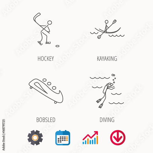 Ice hockey, diving and kayaking icons.