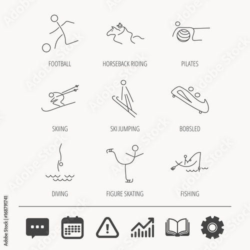 Pilates, football and skiing icons. Fishing.