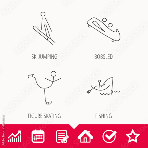 Fishing, figure skating and bobsled icons.