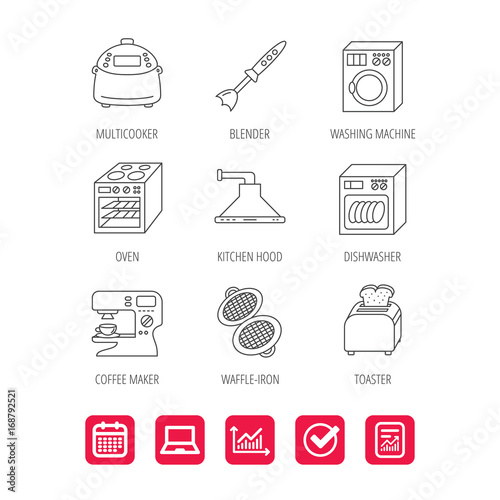 Dishwasher, washing machine and blender icons.