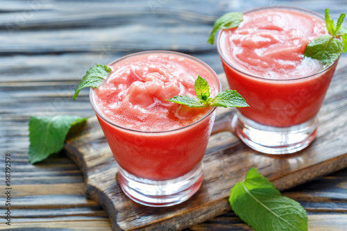 Icy watermelon smoothie, and mint green.